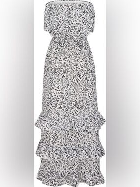 Strapless White Midi Skirt with Black Leaf Print